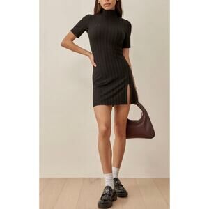 Reformation Zia Ribbed Knit Mock Neck Slim Fit Dress Size Small Black